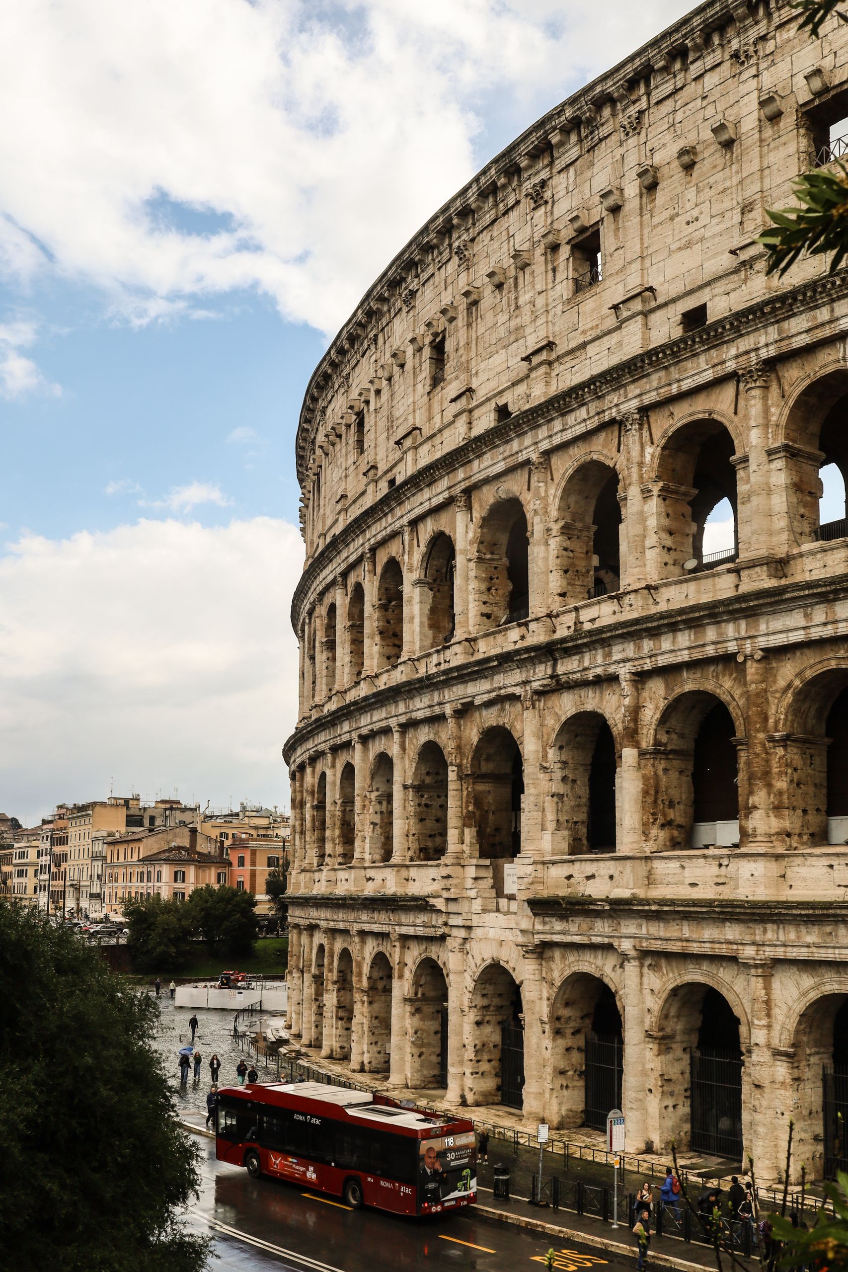 The majestic Colosseum in Rome, a symbol of ancient architecture, captured from an elevated angle.