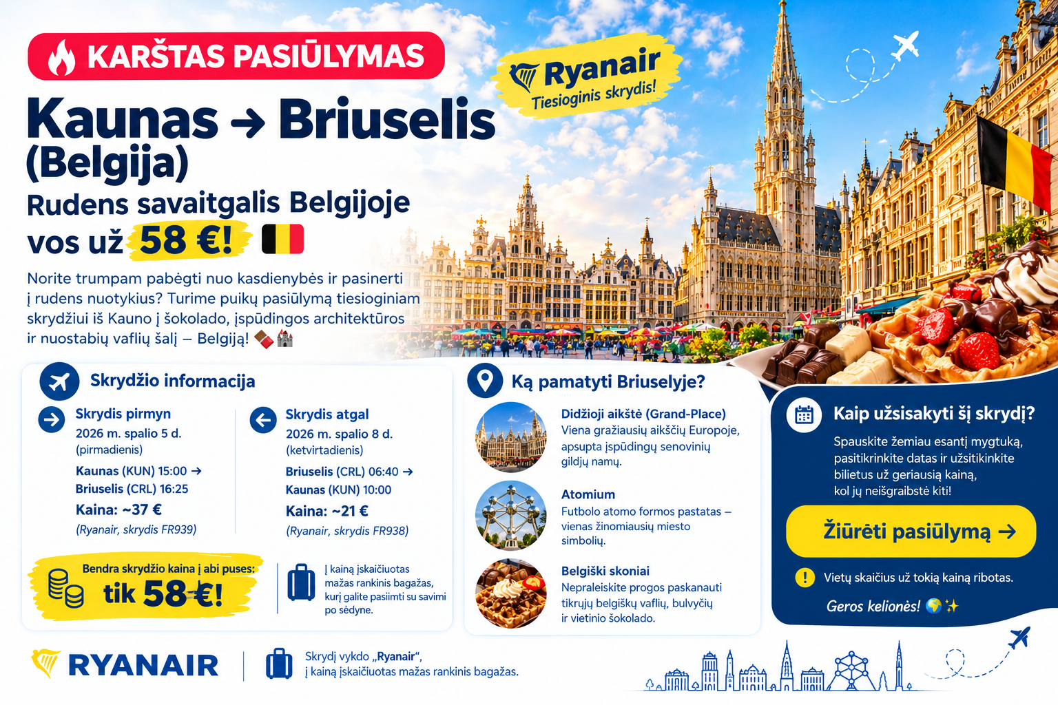 Kaunas ➔ Briuselis: rudens savaitgalis Belgijoje vos už 58 €! ✈️